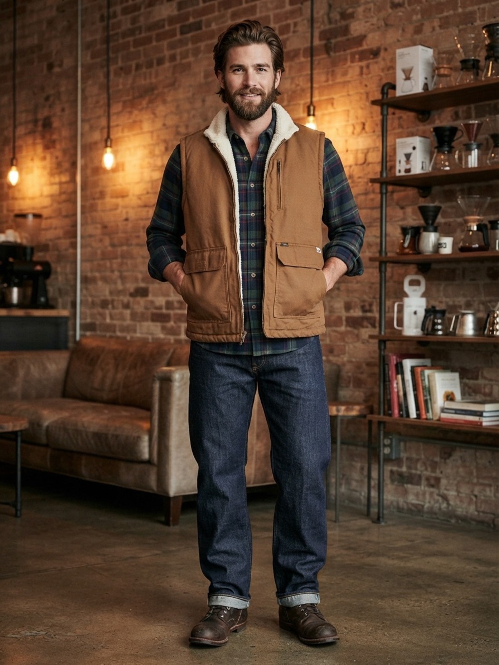 Lee Men’s Sherpa Lined Canvas Workwear Vest Tobacco Brown Full Zip M